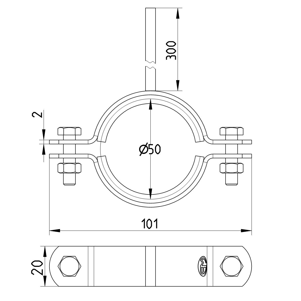 Line Drawing - Pipe hanger-EPDM-300mm rod